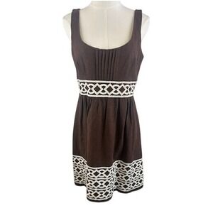 Shoshanna Brown Linen Blend Dress Sleeveless‎ Geometric Trim Women's Size 10